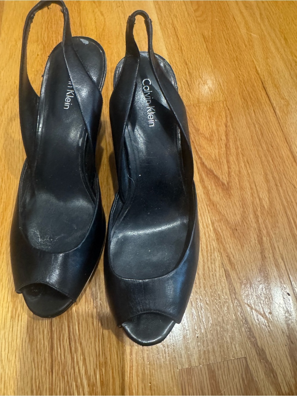 Calvin Klein Black Leather Peep-Toe Slingback Pumps